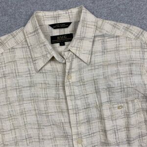 RMG Chairman Collection Shirt Mens Large Linen Blend‎ Geometric Plaid Beige
